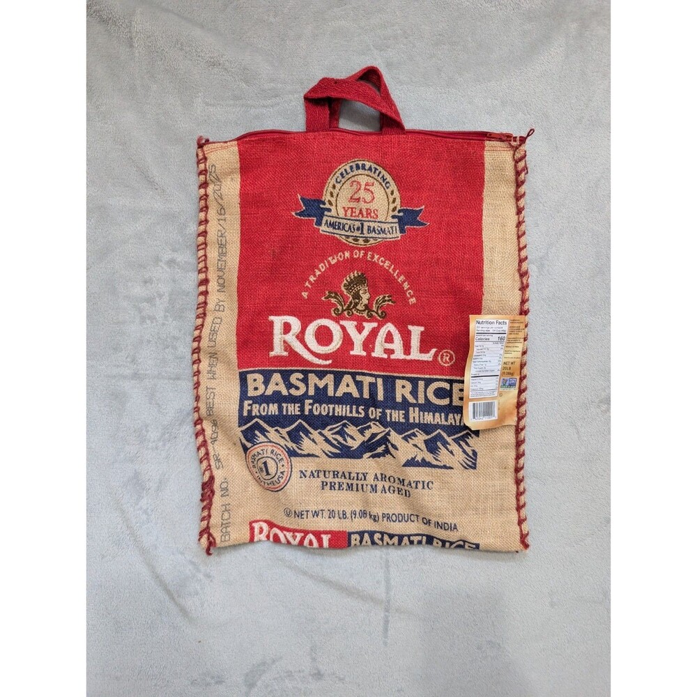 Royal Basmati Rice Tote Bag Burlap With Handles Zippered  Size 15x18 Recycled